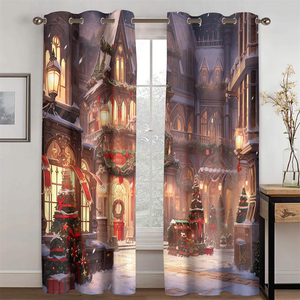 3D Christmas New Year Castle Exquisite Curtains Fairy Tale Style 2pcs Fit Children's Room Living Room Bedroom Decor