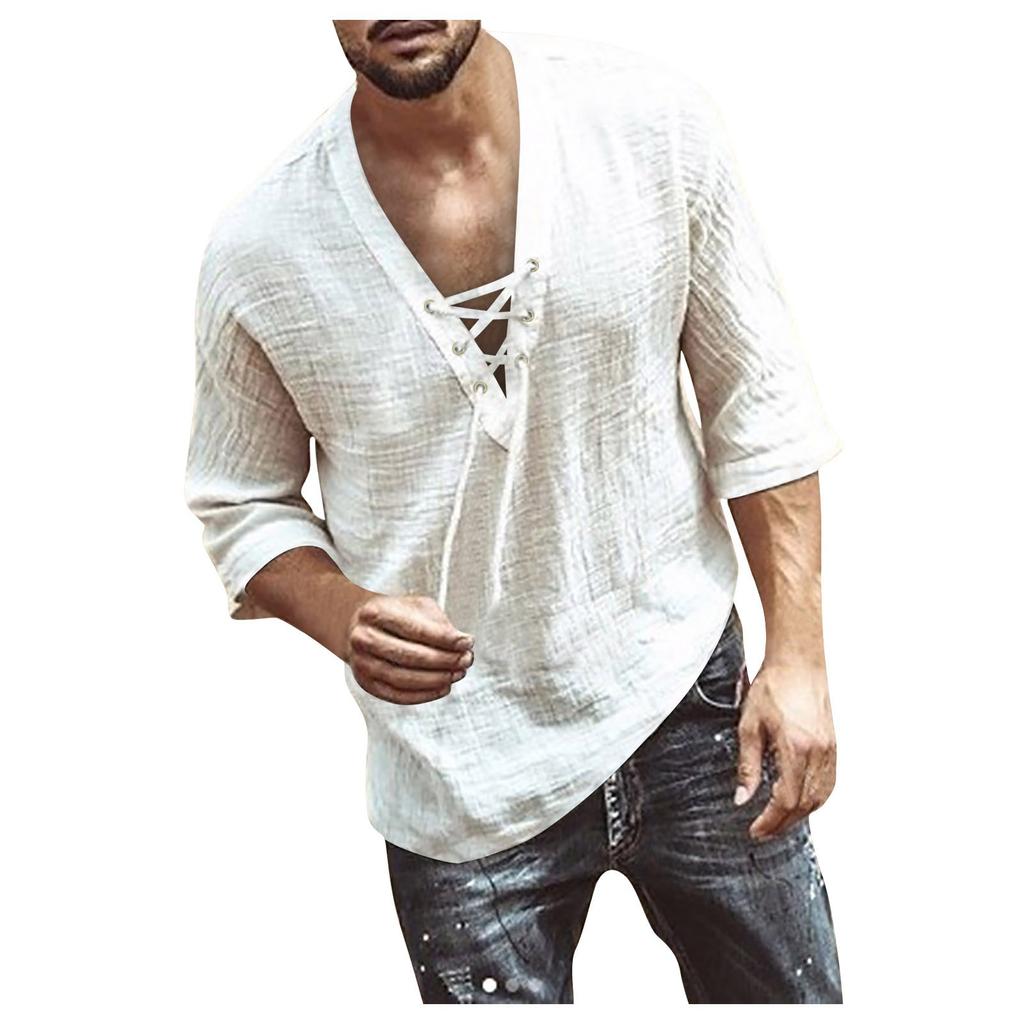 Designer Spring Summer Men's Casual Cotton Linen Solid Color Long Sleeve Shirts Loose Stand Collar Shirts