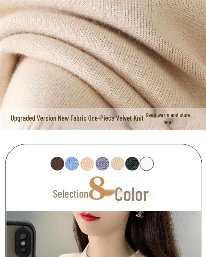 2025 Women's Fleece Knit Round Neck Sweater - Warm, Thick, Plus Velvet One-Piece Base Layer for Autumn/Winter