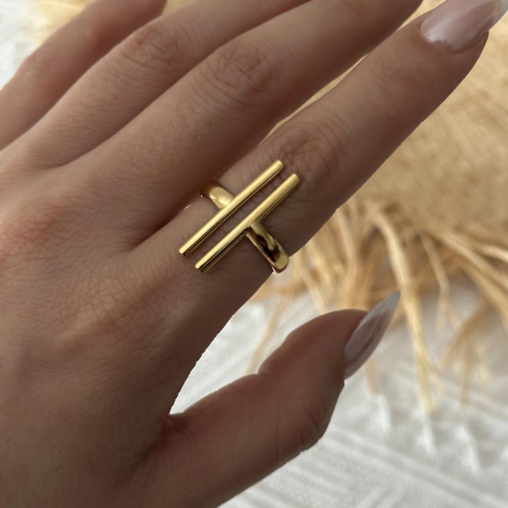 Gold Plated Stainless Steel Geometric Symmetry Line Open Ring for Women Men Line Texture Ring Charms Waterproof Jewelry Gift