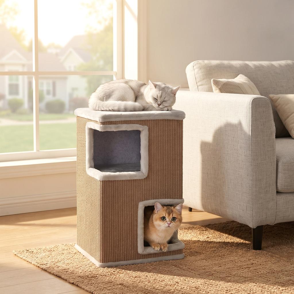 3-Tier Indoor Cat Barrel, Semi-Enclosed Cat Cave with Scratching Surfaces All Around, 2 Cat Caves