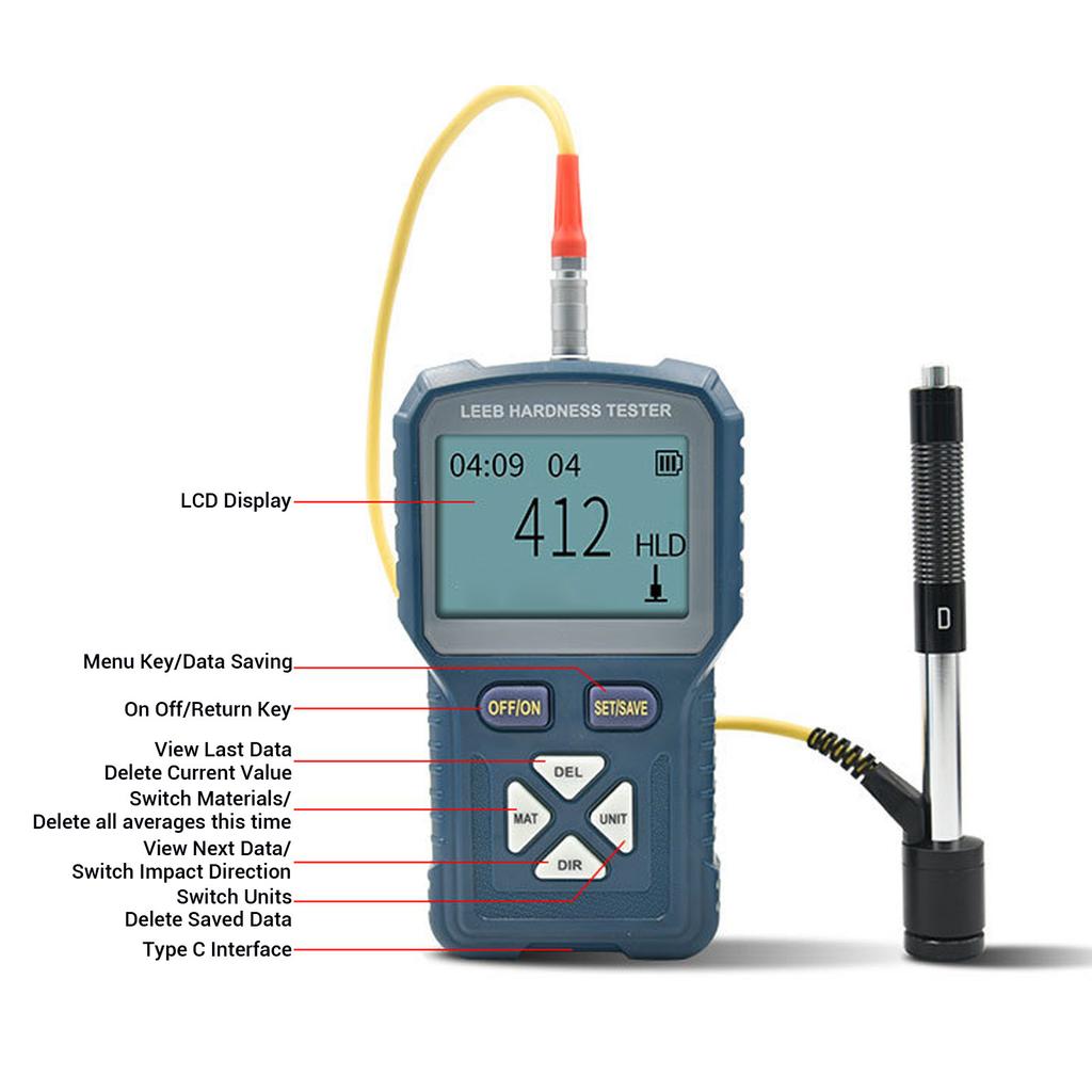 Metal Hardness Meter Multiple Units 1800mAh Battery Type C Charging Port Portable Hardness Gauge for Cast Steel Copper Brass