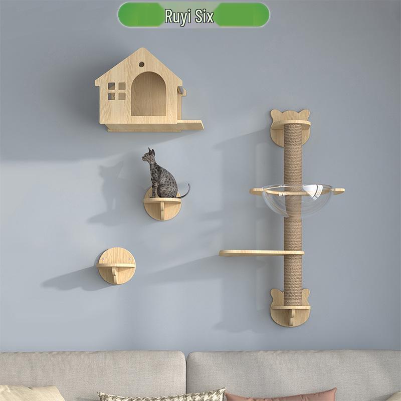 Wall-Mounted Solid Wood Cat Tree with Scratching Board and Jumping Platform