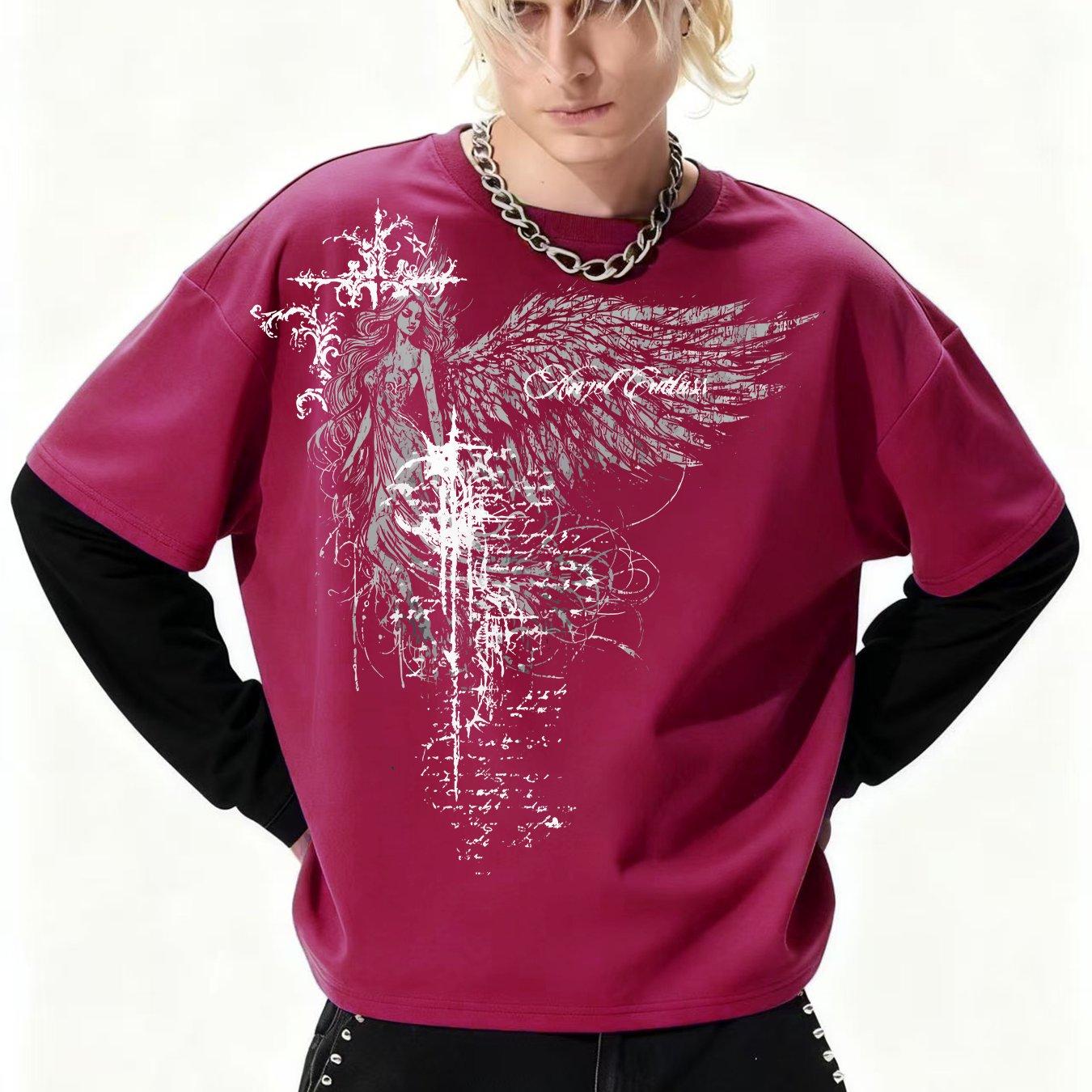 

Men s Gothic Angel Print T-Shirt - Gothic Angel Wing & Suitable for Suitable for Gothic Themed Outfits, Casual Round Neck Long Sleeve Shirt XXL