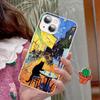 Cartoon Animal Black Cat Oil Painting Phone Case Tempered Glass For Iphone 14 13 12 11 Pro Mini XS MAX 14Plus X XS XR Fundas