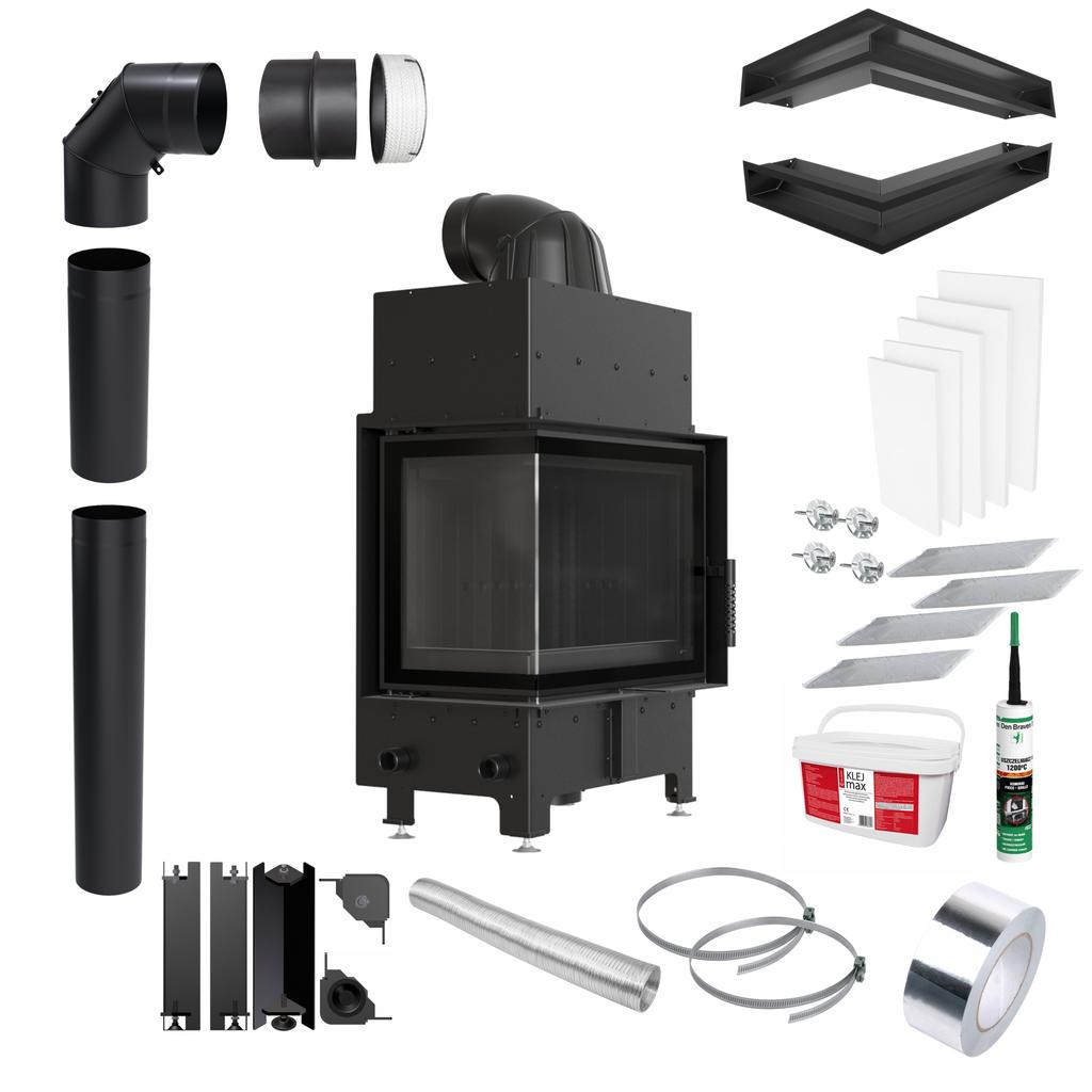 Fireplace KRATKI FLOKI S Left 8kW Ø160 Black Corner Set with Closing