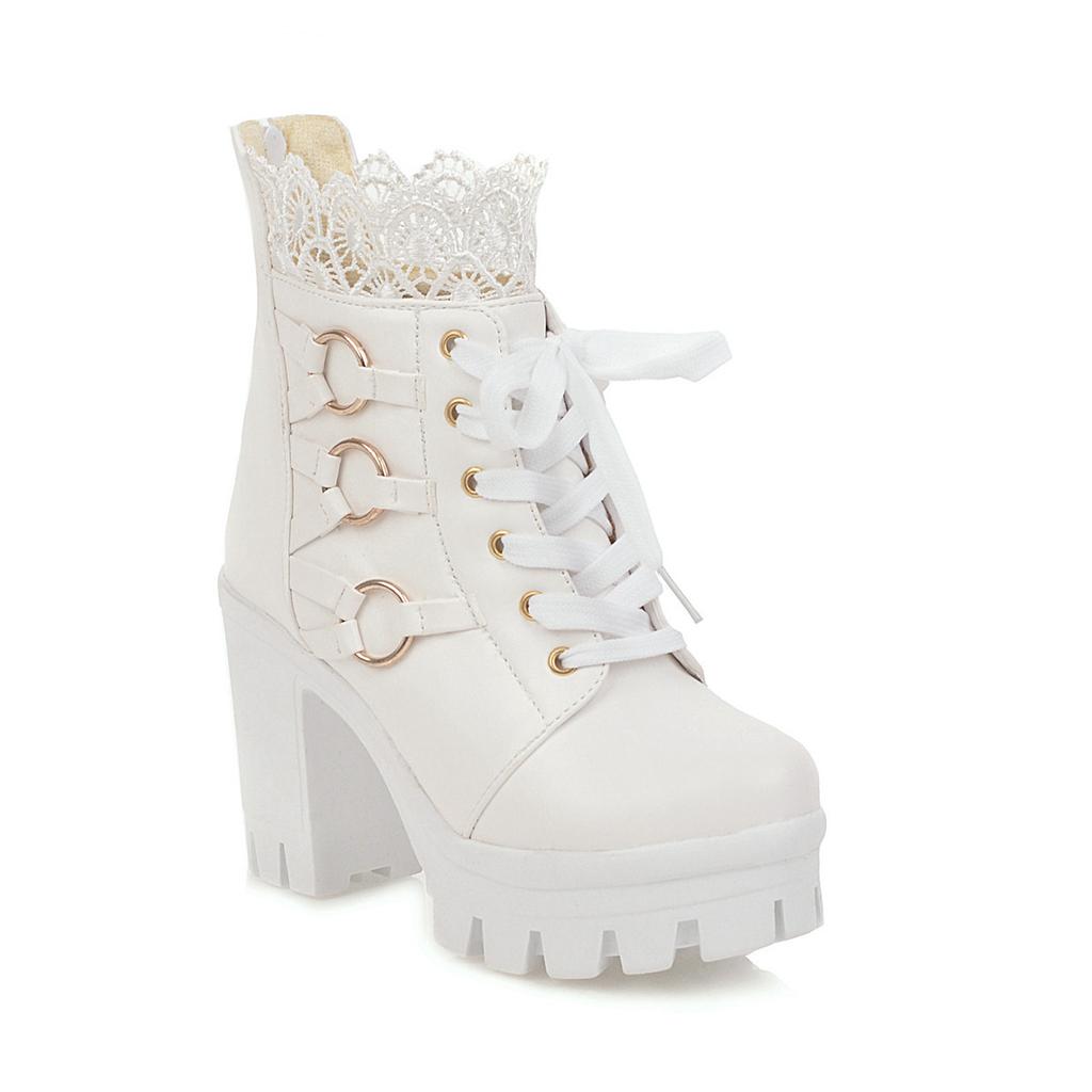 Large Size - Short Boots Coarse Heel White Martin Boots Sweet beautiful women boots Winter High Heel