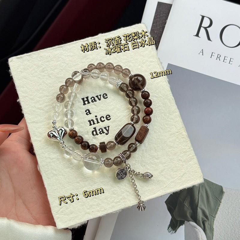 New Chinese Style Double Circle Bracelet Women Ice Obsidian White Crystal Rosewood 6mm Handmade