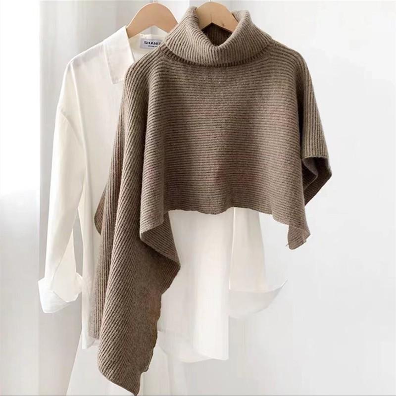 Womens Oversized Knit Cape Sweater Shawl High Neck Warm Thick Winter Cardigan Street Style