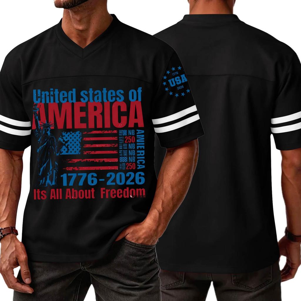 Mens V Neck Short Sleeve Sports T Shirt with States of America 1776 2026 Graphic and Statue of Print
