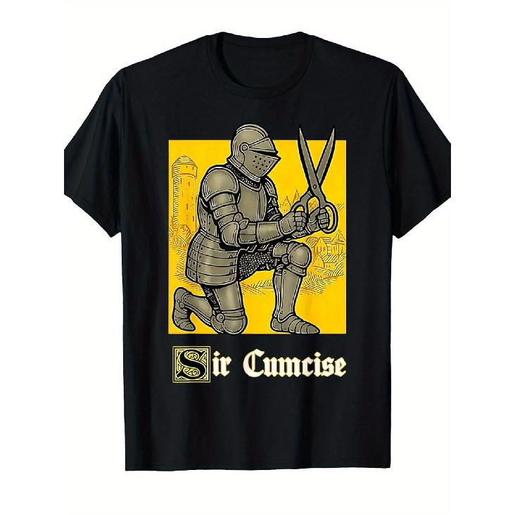 Men's Funny Medieval Knight T-Shirt - Sir Cumcise Pun & Knight & Scissors Graphic, Loose Fit Breathable Black/Yellow Print Retro Humor Tee for