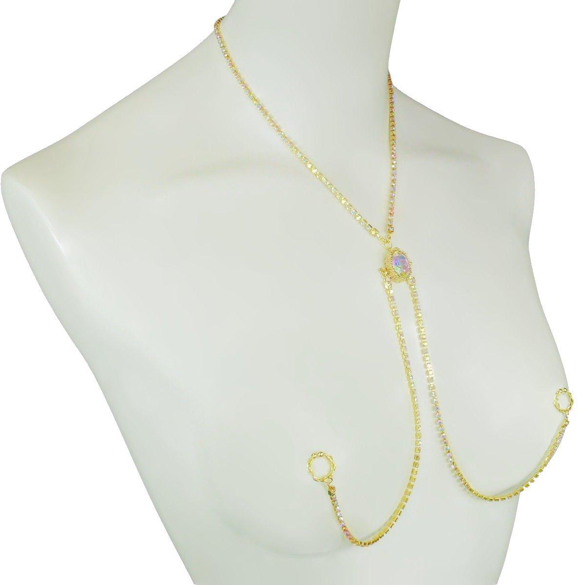 

Hanazono Jewelry Oval Closed Diamond Lane Nipple Necklace with Crystal AB Gold Aurora Design, Nipple Accessory, Nipple Ring, Nipple Necklace,