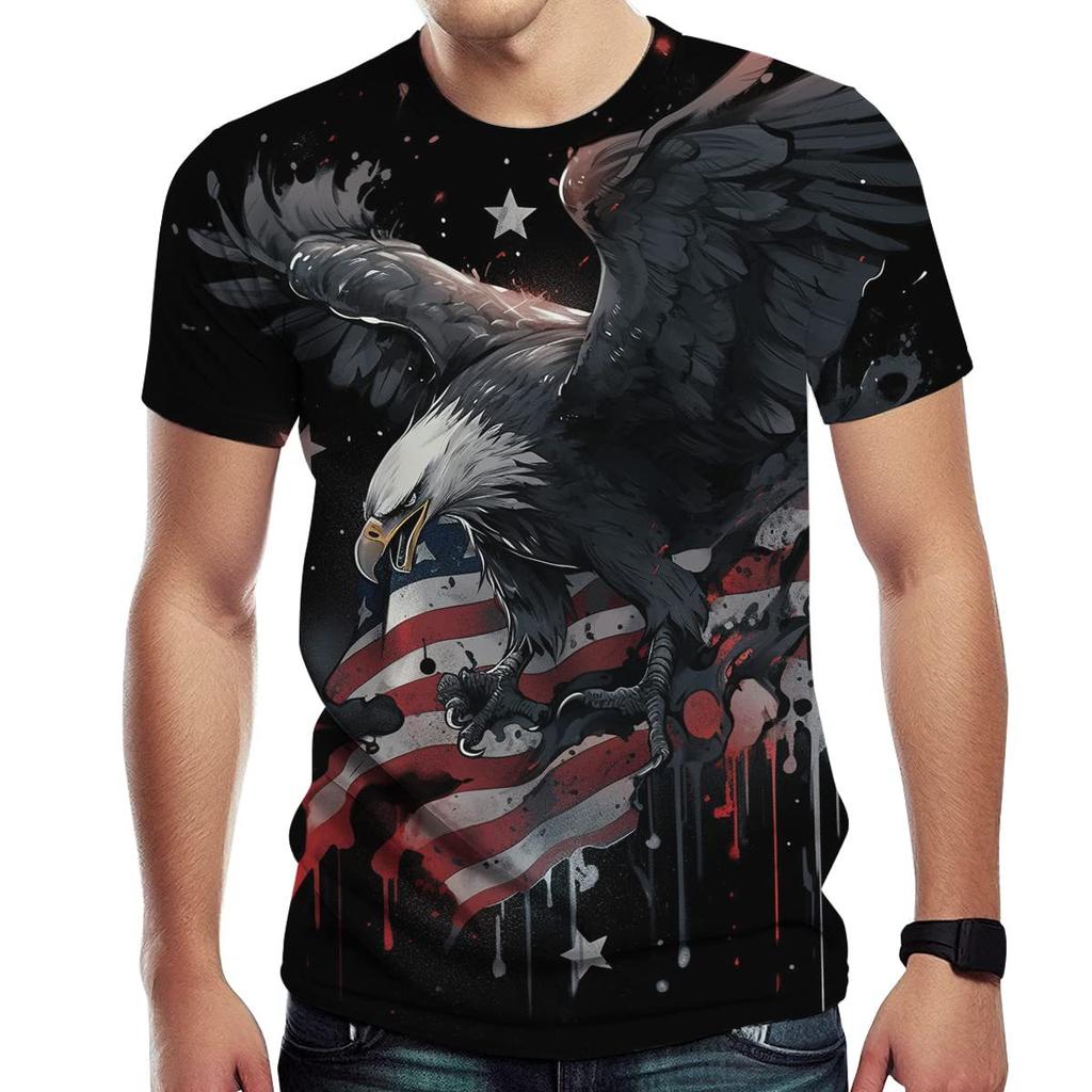 Summer Round Neck 3D American Eagle Pattern Print Top Fashionable Casual Short Sleeved Men's T-shirts