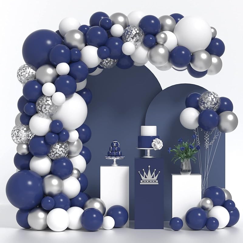 Navy Blue Silver Balloons Arch Kit 130 PCS Navy Blue Balloon Garland With White Silver Confetti Latex Balloons Different Sizes For Graduation Rugby