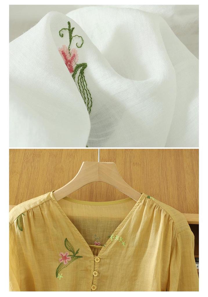 Summer 2025 Women’s V-Neck Chinese Embroidery Shirt: Retro, Loose, Slimming Design