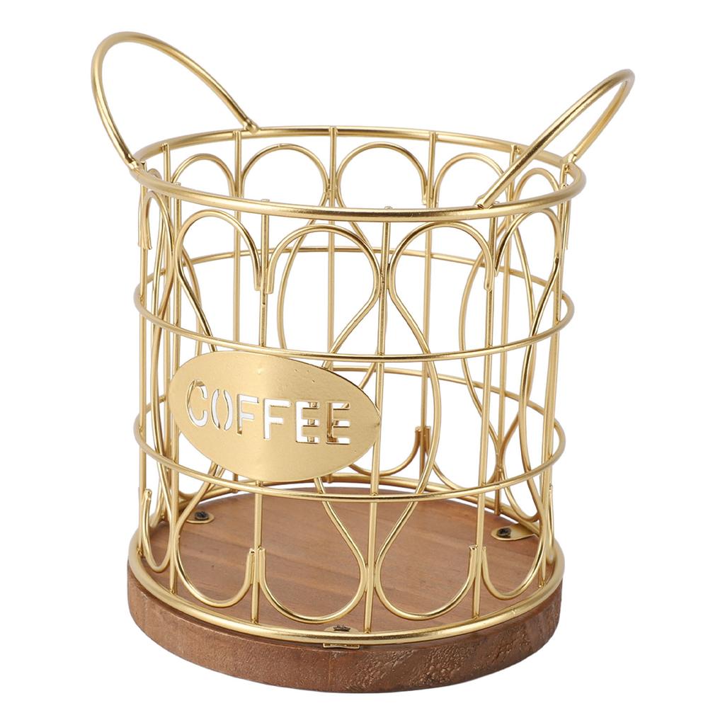 Coffee Pod Basket Decorative Round Wire Coffee Capsule Holder with Wooden Base for Cafe Kitchen Countertop