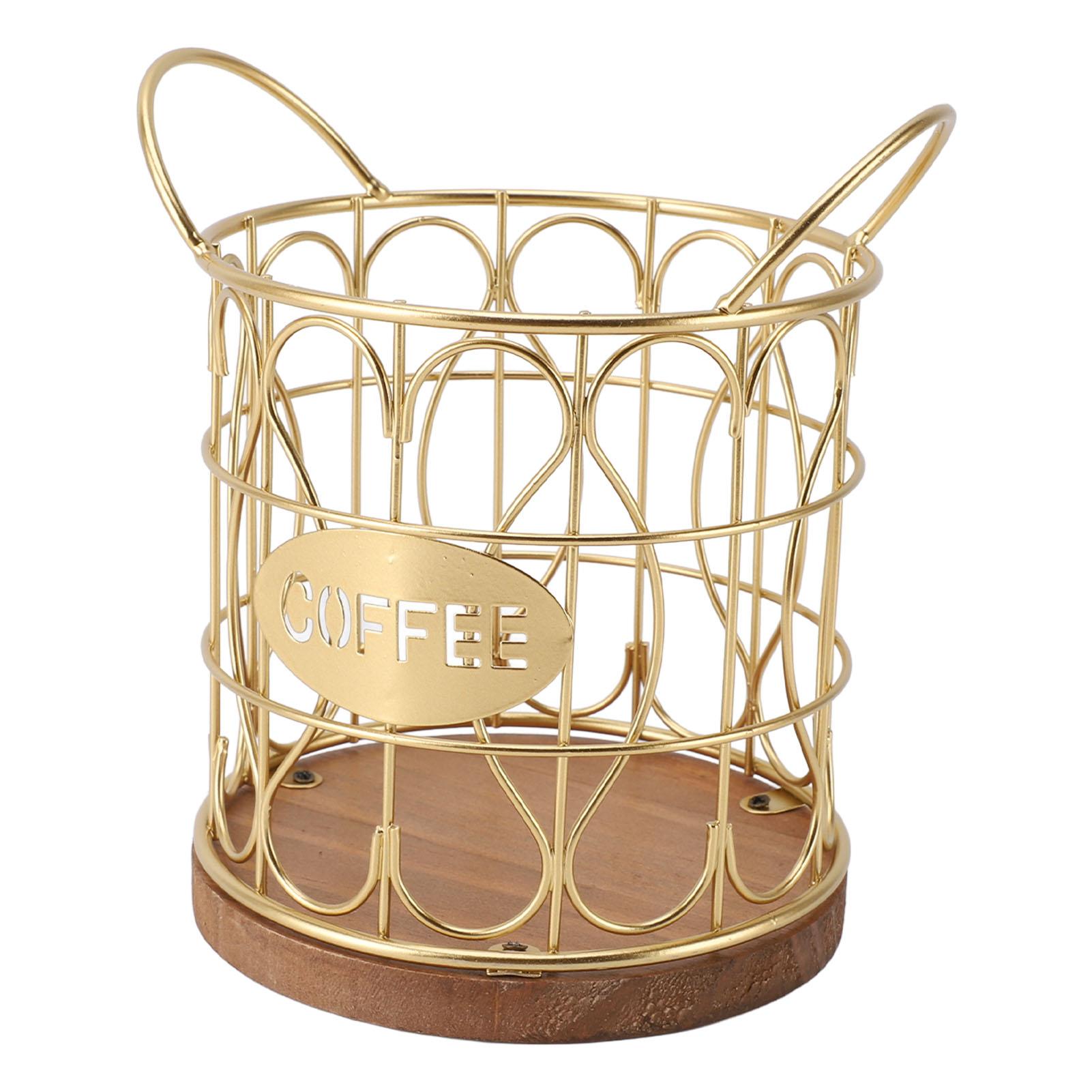 

Coffee Pod Basket Decorative Round Wire Coffee Capsule Holder with Wooden Base for Cafe Kitchen Countertop Gold золотой
