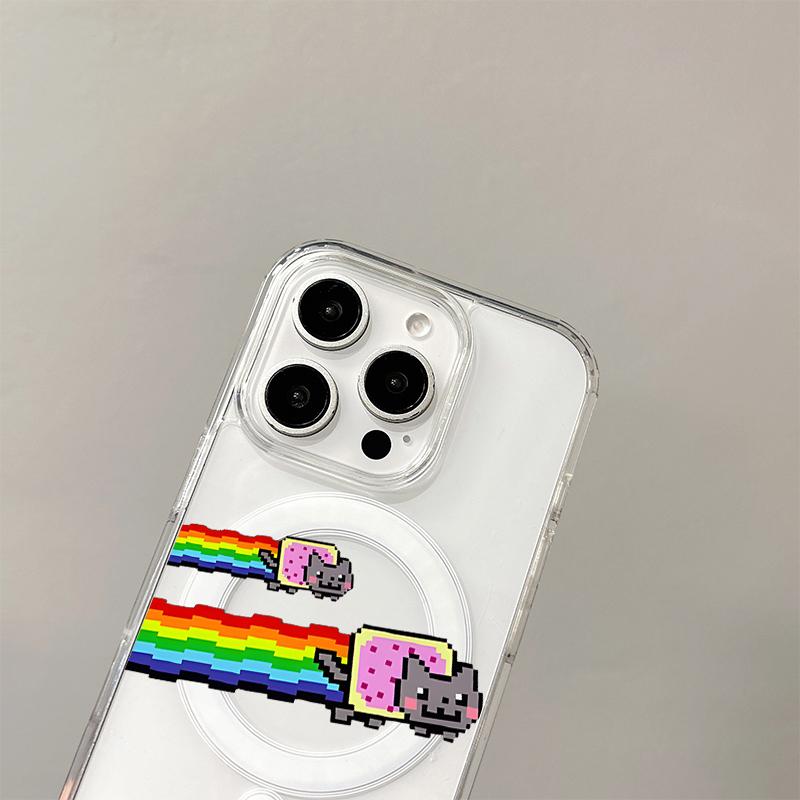 Rainbow Cat Wireless Charging Case for iPhone 17 Air 16 E 15 14 13 12 Mini 11 Pro Max Dustproof Transparent Silicone Edge Cover