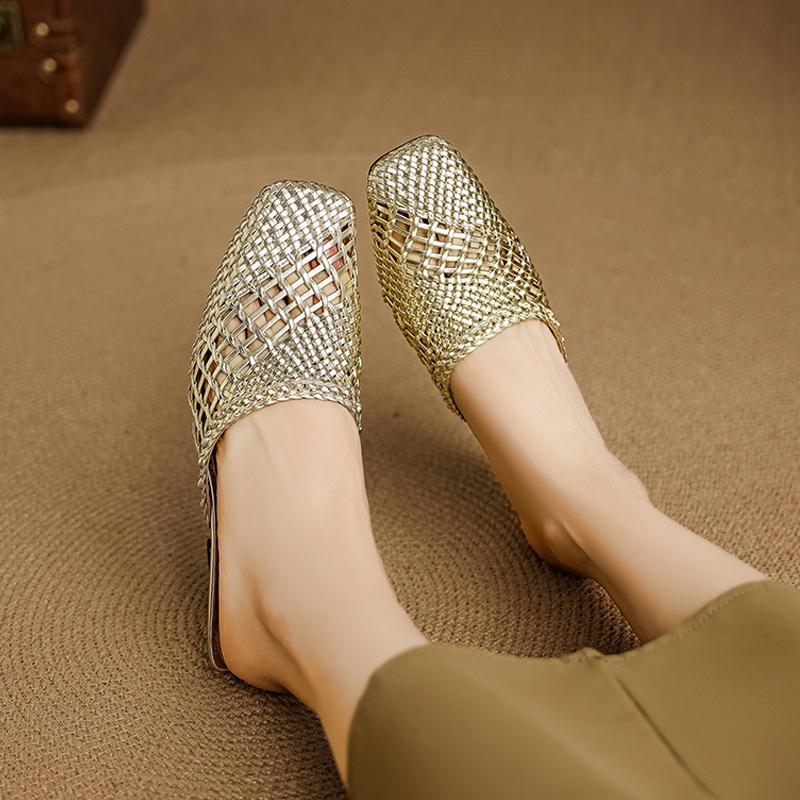 Fashion Women's new genuine leather sheepskin woven square toe summer breathable toe high heels thick heels Mueller slippers