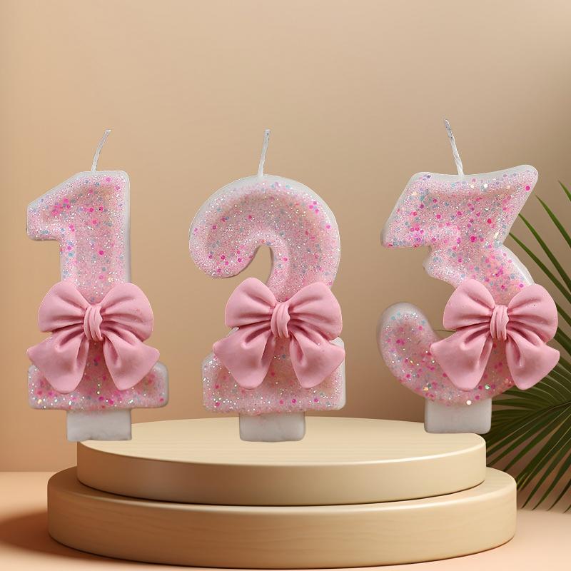 Cute Pink Bow 3D Number Cake Candles for Birthday Party Decorations Birthday Decoration Cake Decorating Tools gender reveal NONE
