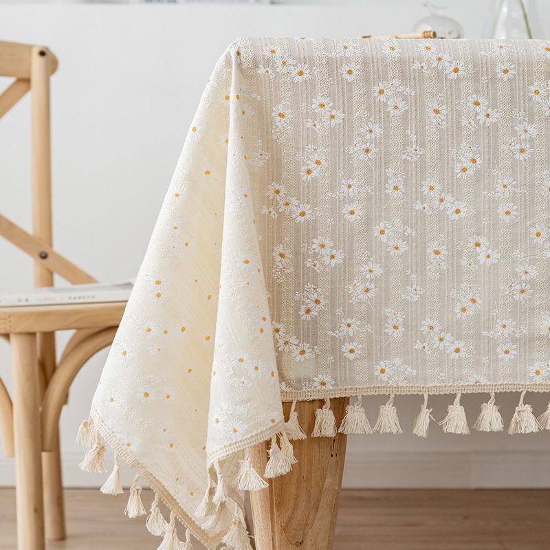 Lilacs Tassels Cotton Tablecloth,Daily Use Korean Style Daisy Tea Table Decor,Rectangle Table Cover for Kitchen Wedding Dining