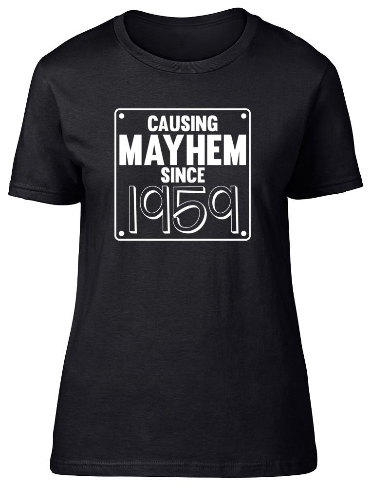 Womens Ladies Causing Mayhem since 1959 Birthday Fitted T-Shirt 2XL