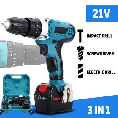 Perceuse à percussion électrique sans fil réglable Tournevis à marteau 3 en 1 Lampe de travail LED Batterie lithium-ion rechargeable 21 V/12 V Nouveau