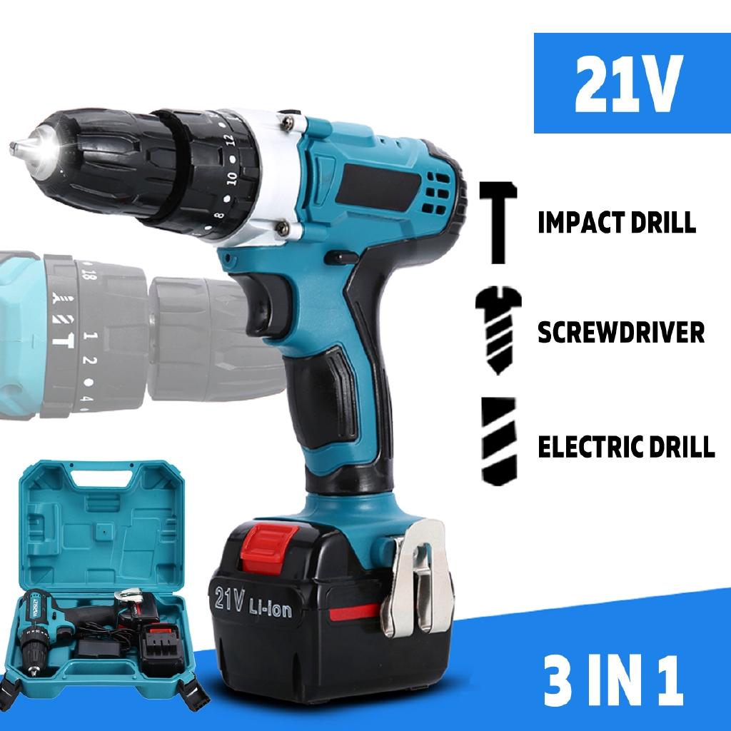 Adjustable Cordless Electric Impact Drill Hammer Screwdriver 3in1 LED Working Ligh Rechargeable 21V/12V Lithium Battery New