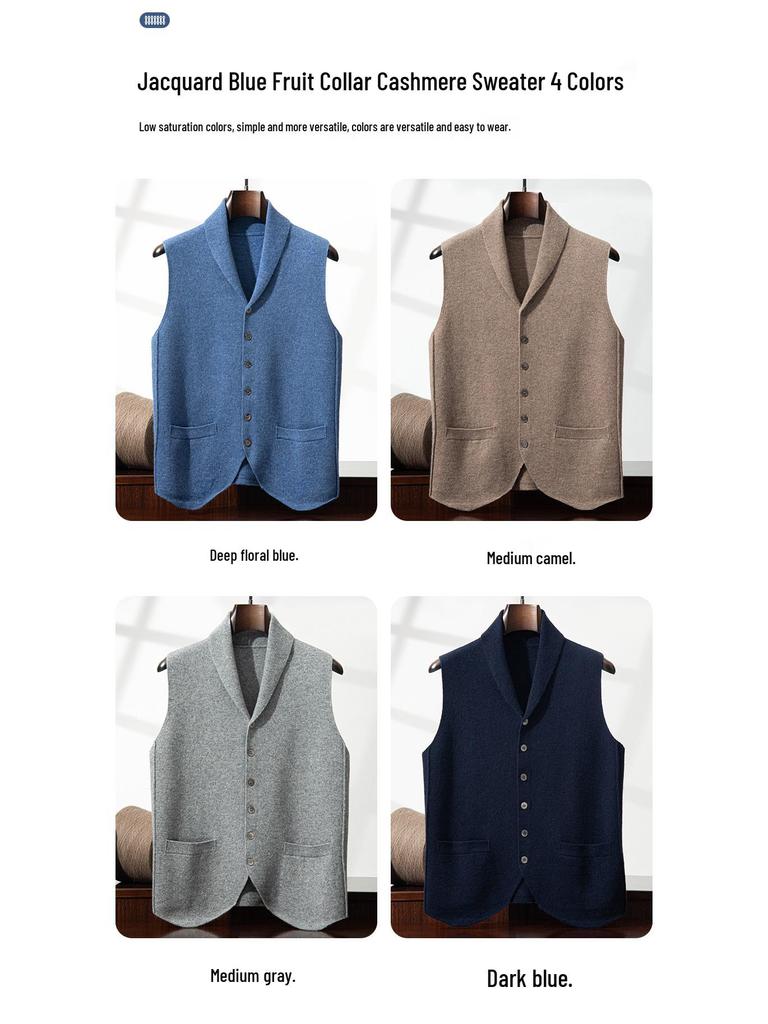 Men's Blue & Green Cashmere Vest: Button-Up Sleeveless Cardigan with Business Lapel, Casual Layering, Four-Way Stretch.