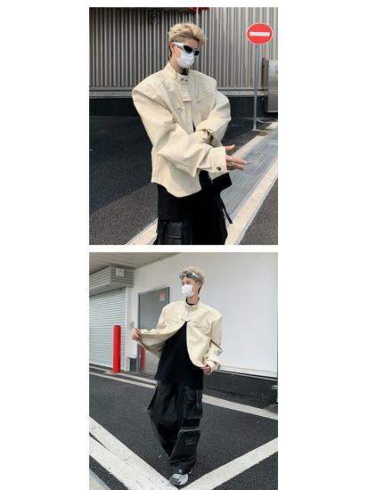 Men's Trendy Stand Collar Leather Jacket - High-End Feel, Loose Fit, Solid Color, Padded, Casual & Versatile