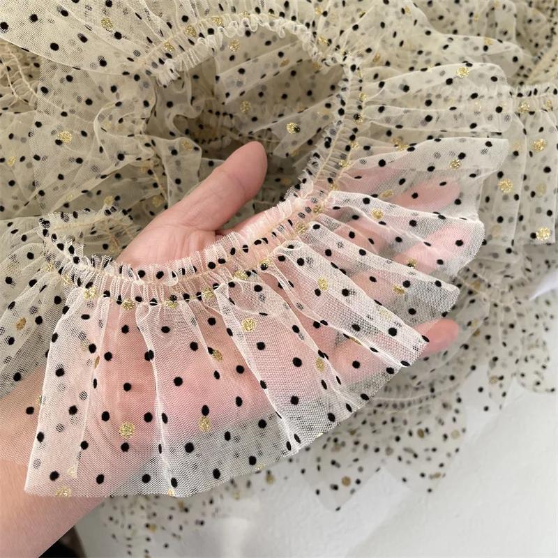 3 metry/partia 8 cm szerokości beżowa siatka czarna kropka tkanina/brązowe złote kropki plisy koronkowe wykończenie akcesoria do sukienki dla zwierząt/lalek