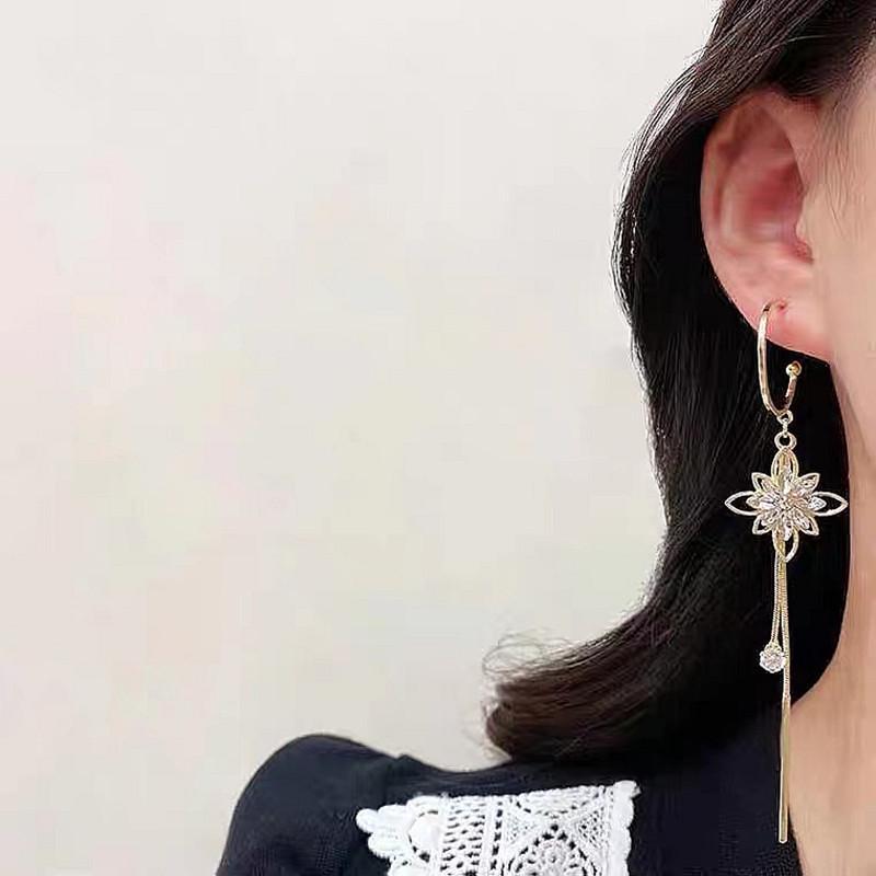 Zircon Flower Long Tassel Earrings: Korean Style, Slimming Face Design, S925 Silver Needle