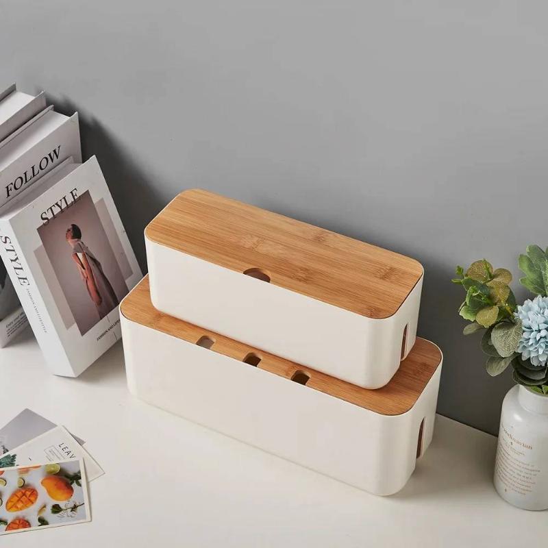 Boîte de gestion de câbles avec couvercle en bambou, Boîte de jonction pour fils, Boîte de rangement, Cache-fils, Multiprises, Organisateur de câbles de bureau pour ordinateur