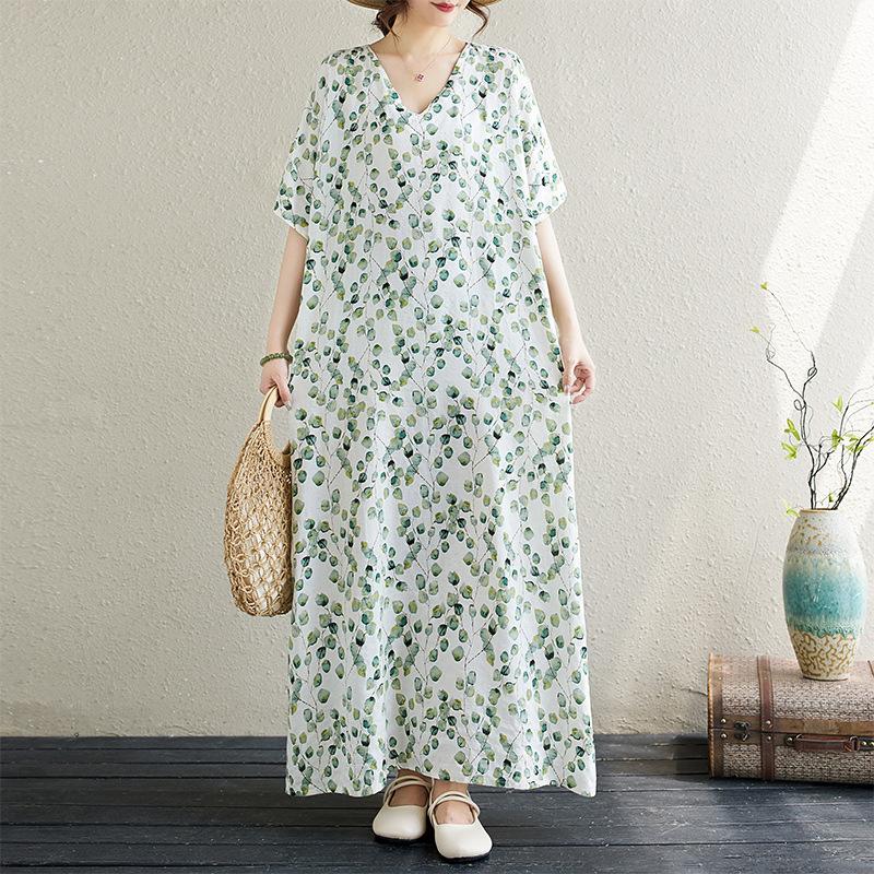 

Летнее тонкое хлопковое и льняное литературное свободное платье большого размера с V-образным вырезом, короткими рукавами, средней и длинной длины для женщин Large size average size