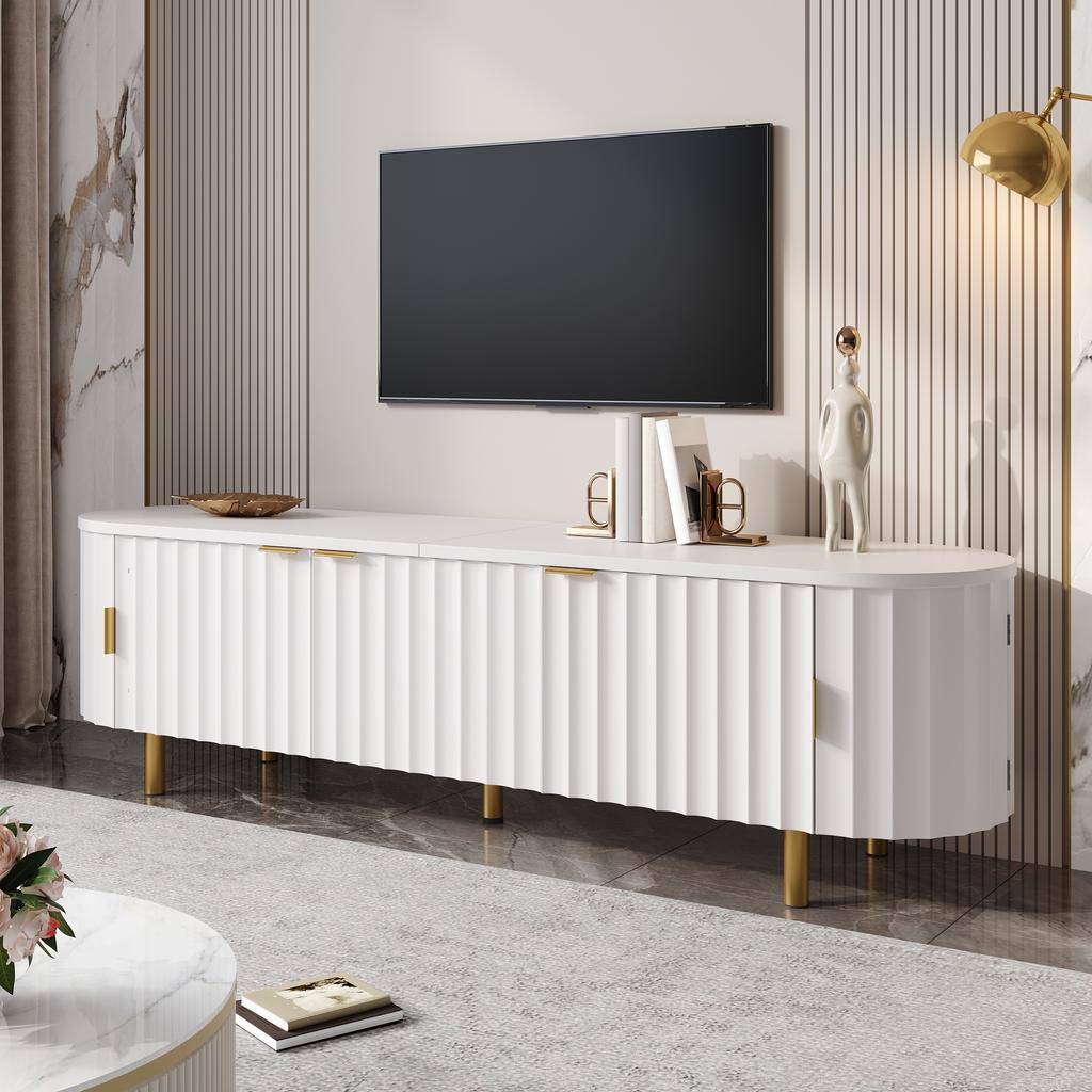TV Lowboard Made of MDF with 5 Doors, Fluted Front, Rounded Sides, Iron Feet and Iron Handles