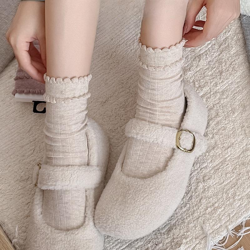Simple and Versatile Solid-color Lace Pile-up Socks for Spring and Autumn, Trendy Pile-up Socks for Women