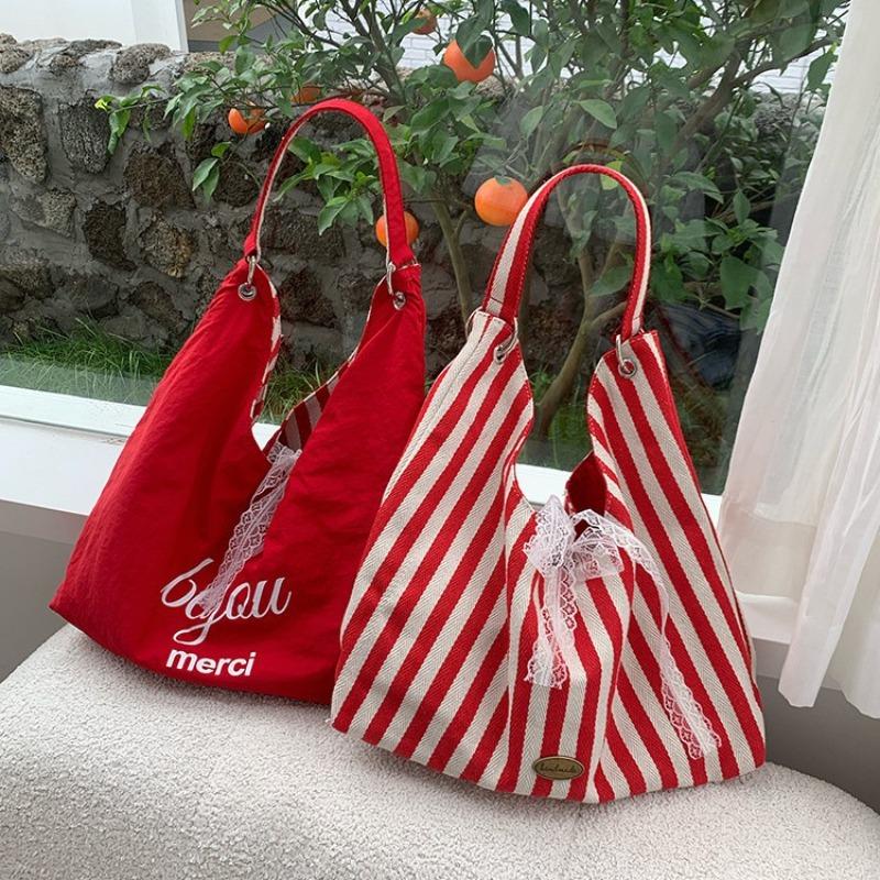 Striped Canvas Bag Women's Summer New Trendy Letter Printing Double-sided Shoulder Bag Student Class Bag