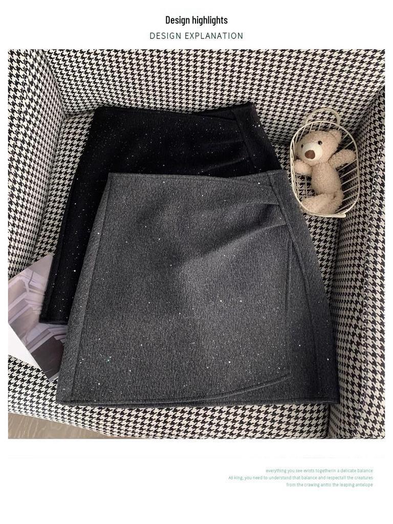 Black Sequined Woolen High-Waisted A-Line Skirt for Autumn/Winter - Slimming, Hip-Hugging, Irregular Hem, with Anti-Exposure Design.