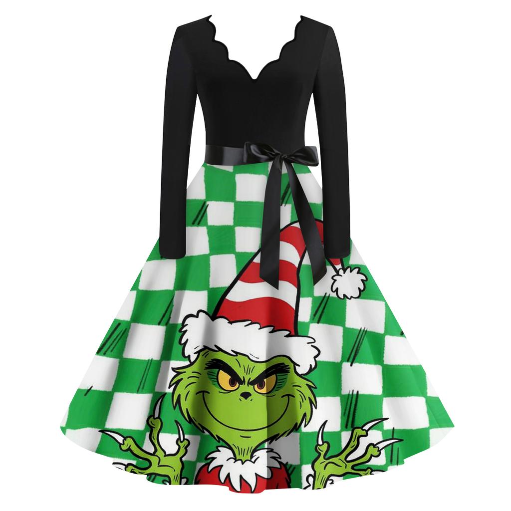 Ladies' Fashionable Retro Long Sleeved Square Neck Christmas Printed Evening Dress Dress
