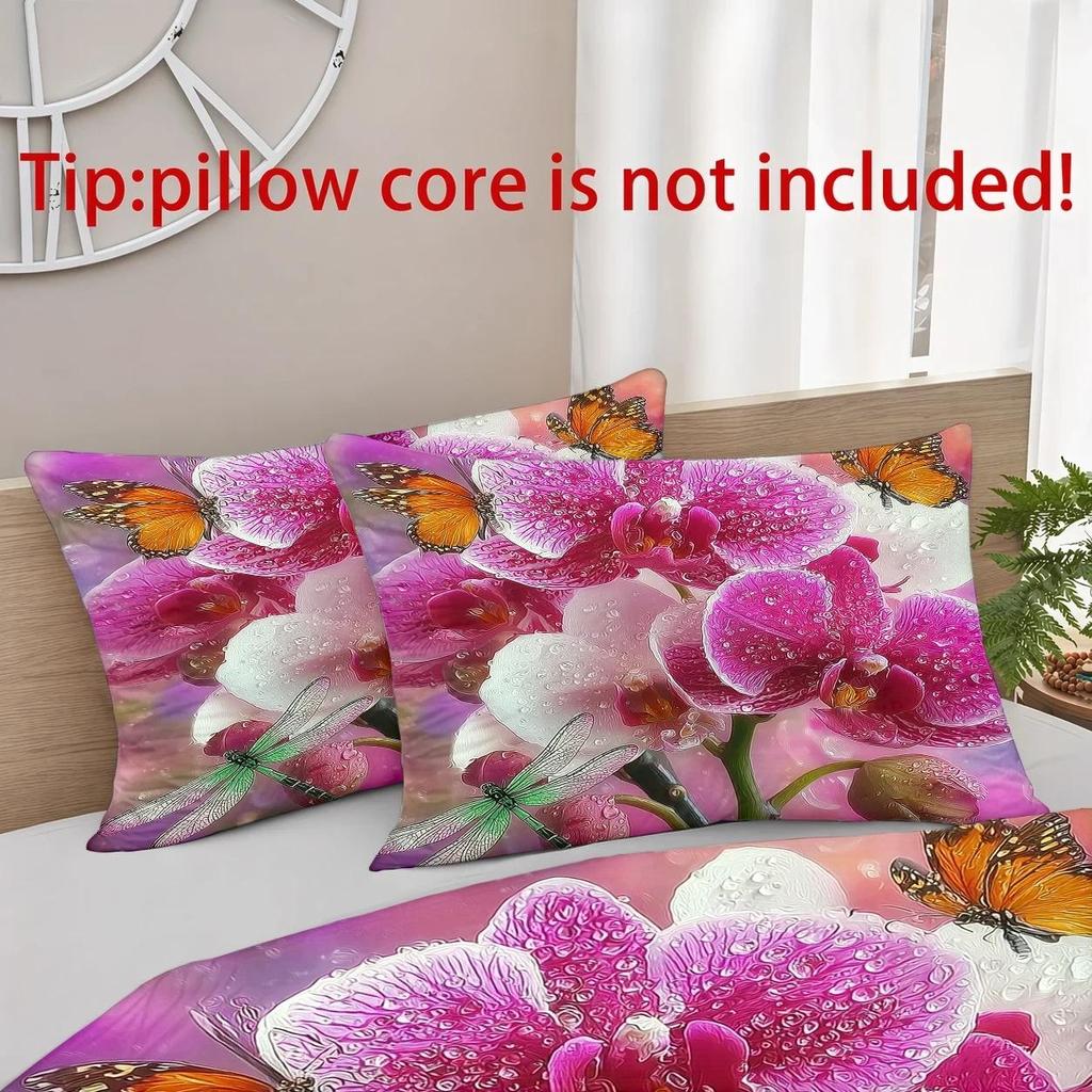 3Pcs Duvet Cover Set, 1 Duvet Cover + 2 Pillowcases, No Filling, Phalaenopsis Orchid Theme, Dreamy Style, Spring, Romantic Home
