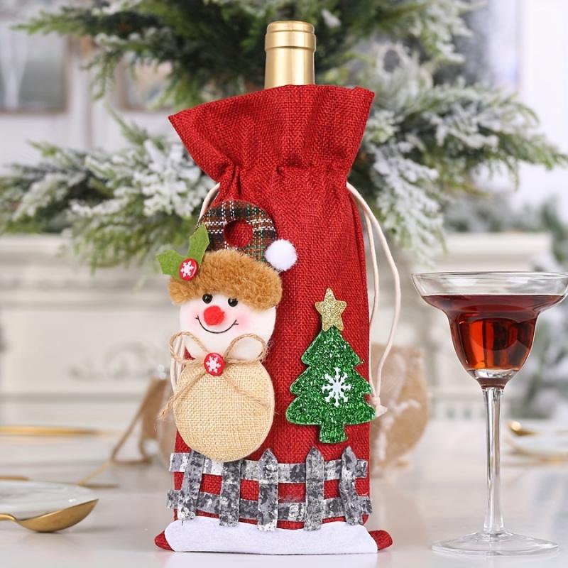 1Christmas Wine Bottle Bag Holiday Party Table Decorations Santa Claus Snowman Cartoon Drawstring Wine Bottle Cover Doll Packagi