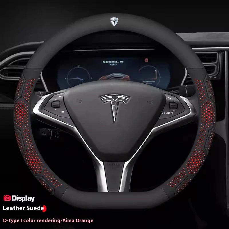 ALM1 Tesla Model 3 Y S Model X Roadster Car Carbon Fiber Suede Leather Anti-slip Breathable Car Steering Wheel Cover Auto Accessories
