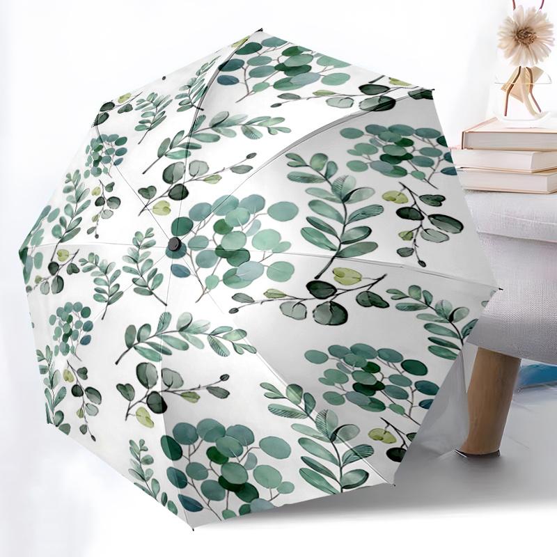 1pc Green Eucalyptus Leaves Pattern Automatic Opening and Closing Practical Umbrella, Lightweight 3-Fold, With Cute Cartoon Characters, Suitable for H