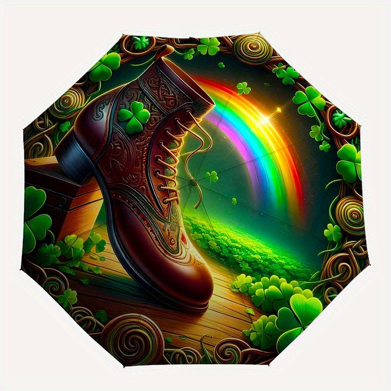 Irish Luck: Four-Leaf Clover Embroidered Boot Decor Umbrella, Cute Umbrella with Cute Design, Portable 3-Fold Compact Umbrella for Men & Women, Valent