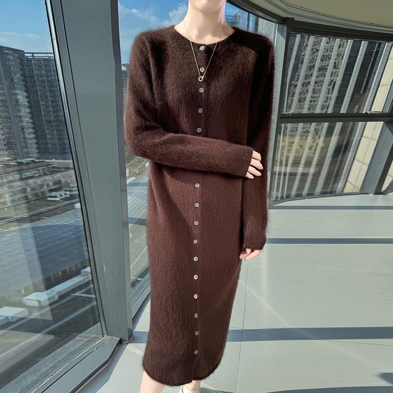 Women's Mink Cashmere Cardigan - Round Neck, Long Sleeve, Soft, Fluffy, Loose Fit, Mid-Length Knit Wool Sweater for Autumn/Winter.