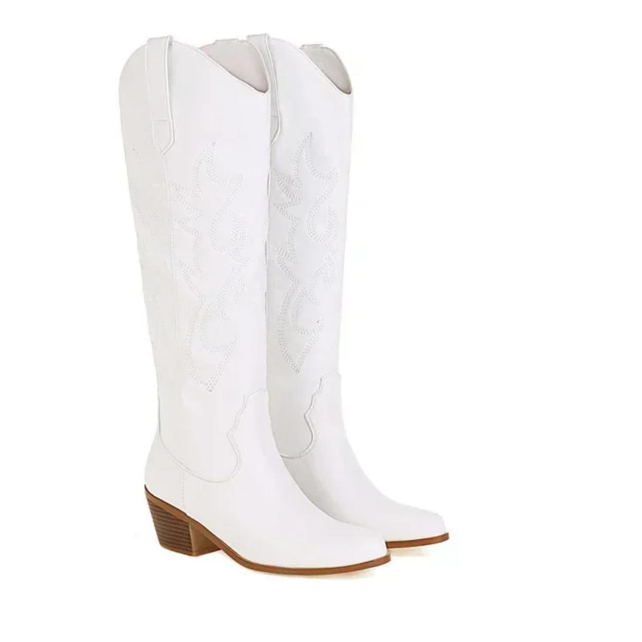 

Pointed Toe Knight Boots for Women Brown PU Leather Knee High Boots Woman Autumn Winter Western Cowboy Long Botas Mujer 2025 43 білий