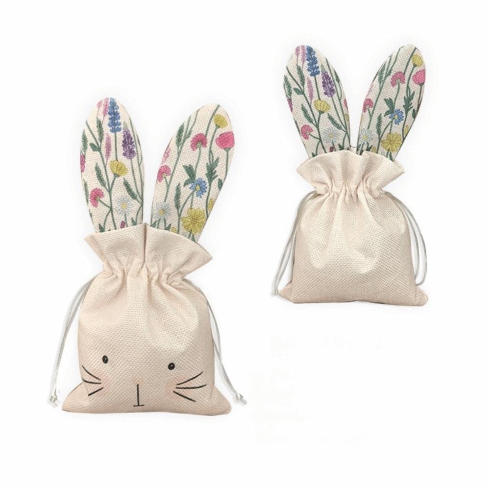 2pcs Linen Material Easter Bunny Treat Bag Drawstring Closure Adorable Rabbits Decor Easter Gift Bag Pocket Style