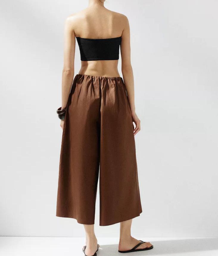 

Европейские и американские женские темно-коричневые желтые кюлоты с широкими штанинами и эластичной талией M кофейный