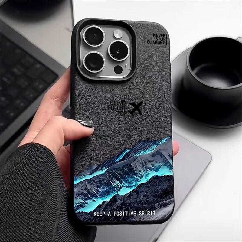 Nárazuvzdorný tenký kryt s motivem hory a letadla pro iPhone 16 15 Pro Max 14 Pro 13 12 11 Ochrana objektivu TPU Textura kůže Matný měkký kryt na telefon