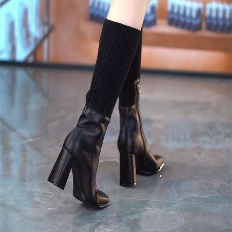 Fashion Women High Boots Fashion High Heels Shoes Brand Chunky Sock Boots Designer 2025 Winter New Square Toe Heeled Shoes Sexy Pumps